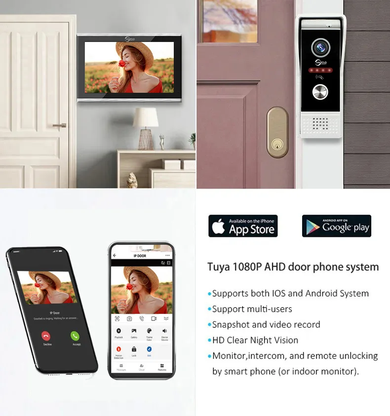 1080P 7 hüvelykes Wifi videó csengő kaputelefon Tuya intelligens otthoni vezeték nélküli kaputelefon RFID beléptető rendszer 4 Villa apartmanhoz