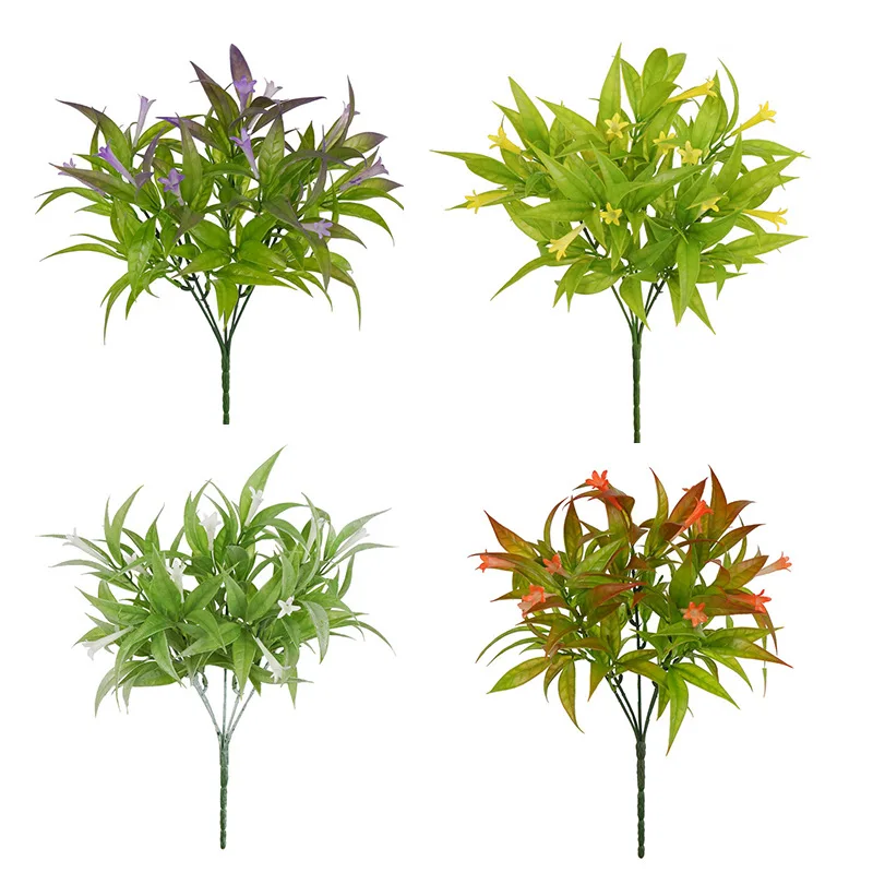 1Pc Kültéri mesterséges növények UV-álló hamis trópusi virágok Műanyag növények Reggeli dicsőség cserjék Növényzet Őszi levelek