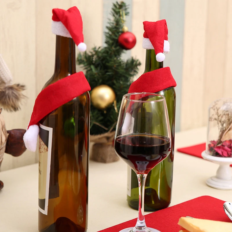 2db/készlet karácsonyi borosüveg borító karácsonyi borosüveg dekoráció Mikulás üveg dekoráció kalappal Home Hotel Party asztal dekoráció