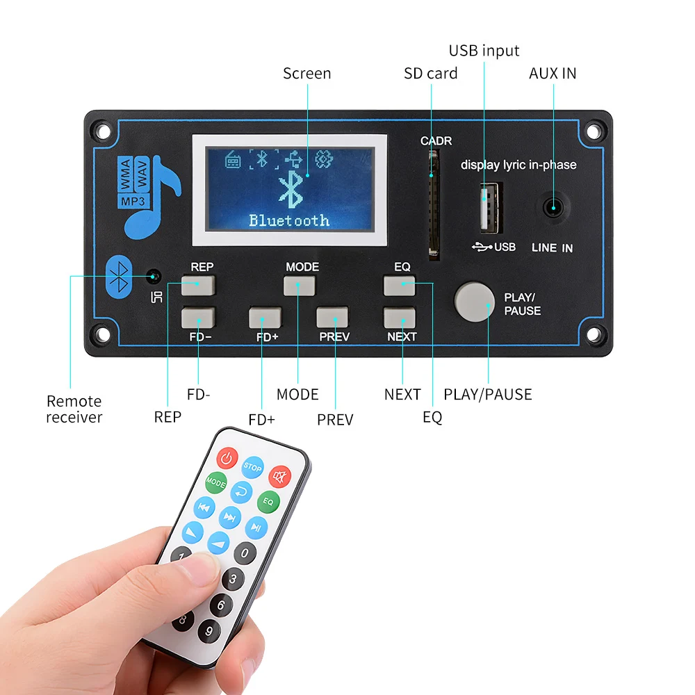 AIYIMA 12V LCD Bluetooth MP3 dekóder kártya WAV WMA dekódolás MP3 lejátszó Audio modul támogatás FM rádió AUX USB dalszöveg kijelzővel
