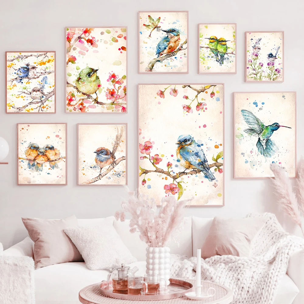Akvarell Kolibri Veréb Fal Művészet Állati madarak Vászon Festés Modern poszter és nyomtatott kép a nappalihoz Lakberendezés