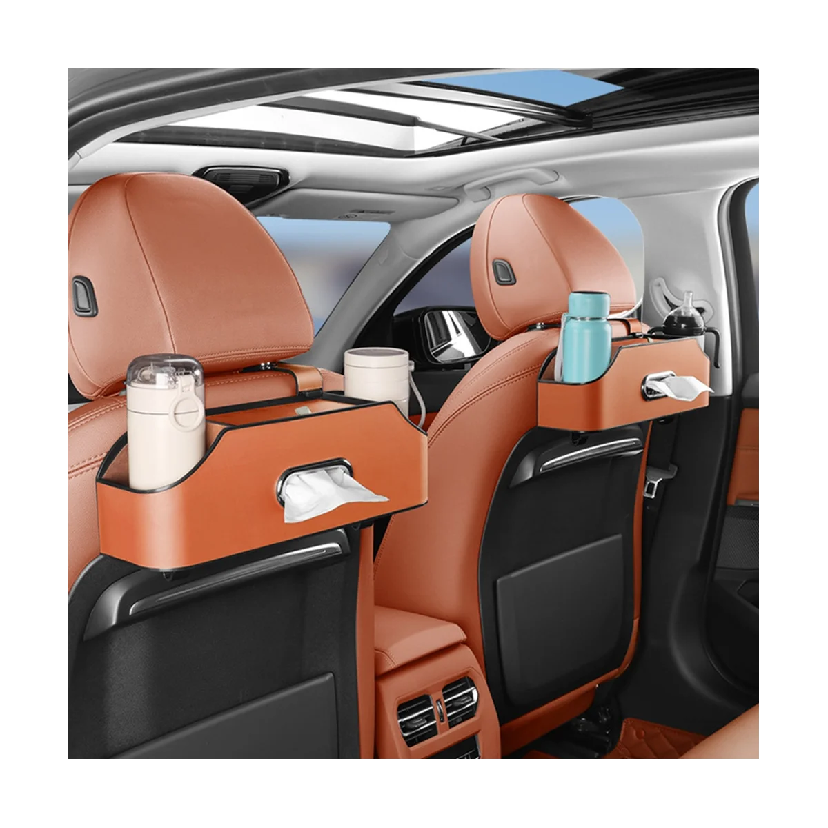 Autó fejtámla hátsó ülés rendszerező 2 italpohártartóval, mobiltelefon-tartókkal, horgokkal és szövetdoboz-kiegészítőkkel - narancssárga