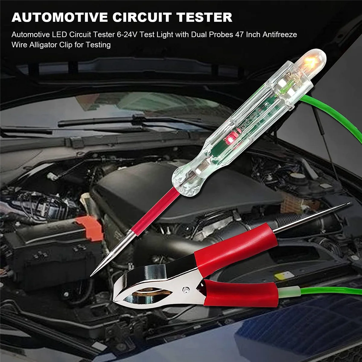  Autóipari LED áramkör tesztelő 6-24V tesztlámpa kettős szondával 47 hüvelykes fagyálló huzal aligátor klip teszteléshez