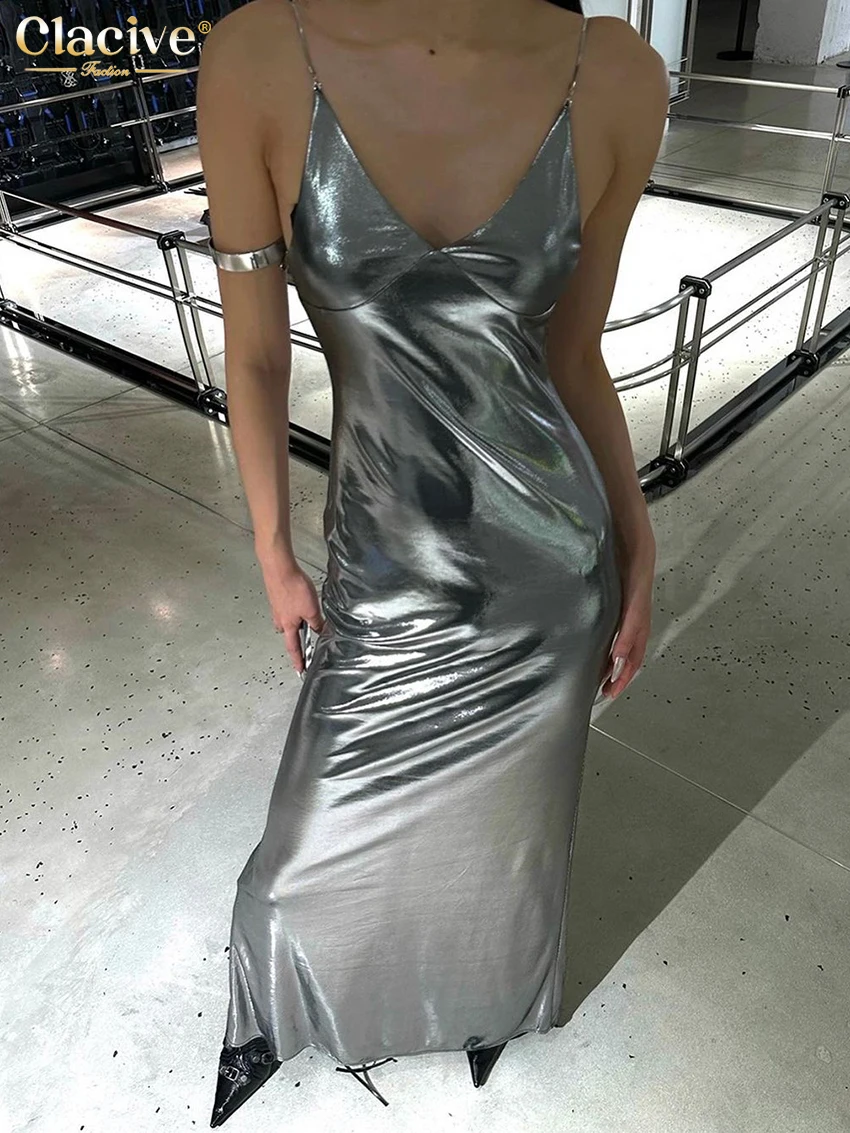 Clacive Sexy Slim Silver női ruhák 2024 divatpántos ujjatlan bokáig érő ruha Elegáns hát nélküli partiruha női