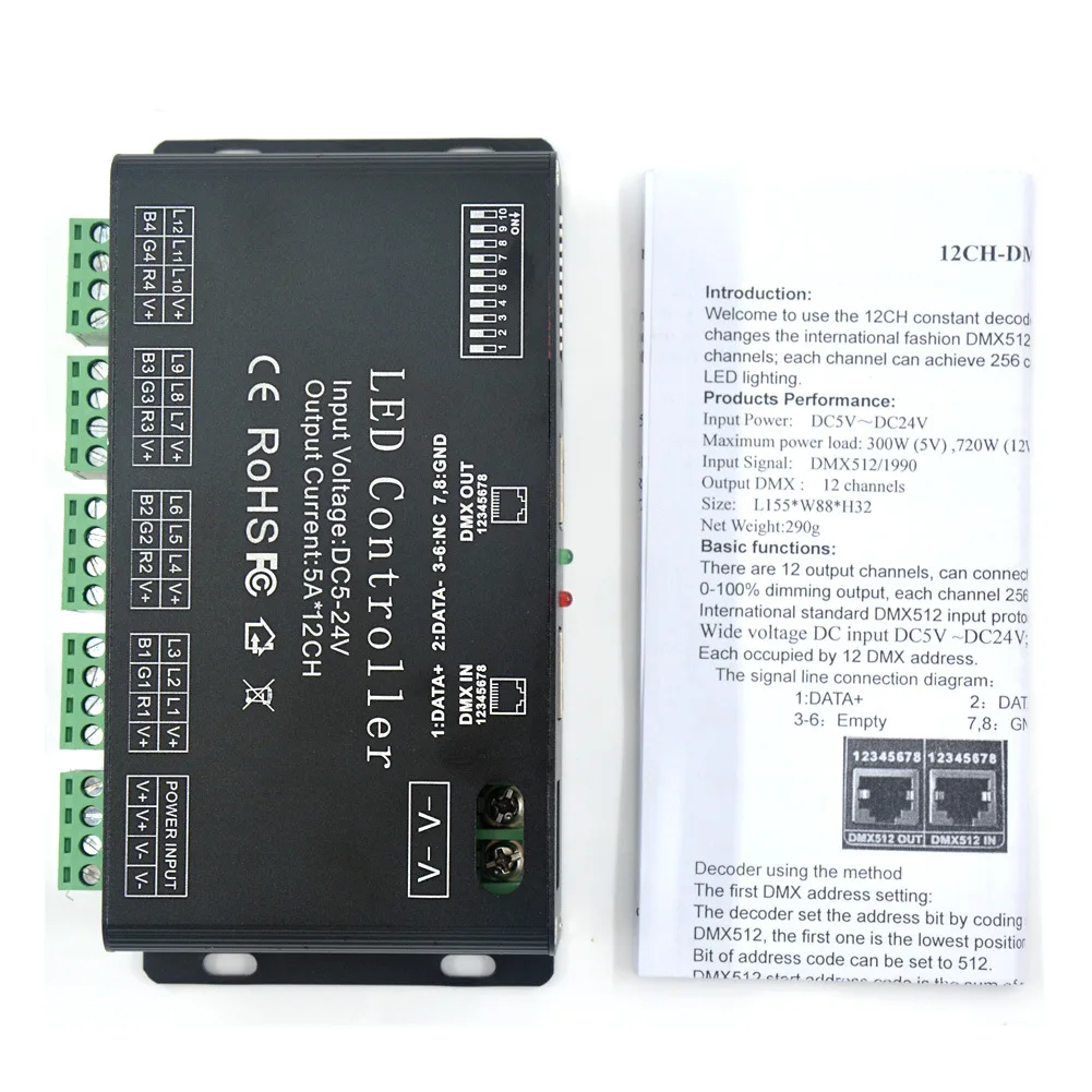 DC 5V-24V 12 csatorna DMX 512 RGB LED szalag vezérlő DMX dekóder Dimmer meghajtó használata LED szalag modulhoz