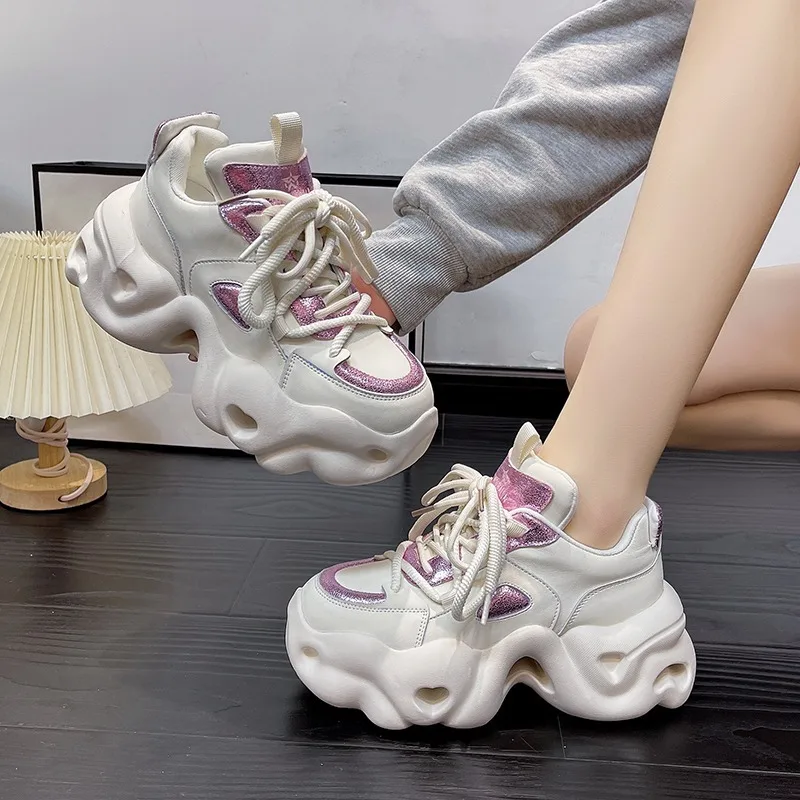 Divat Chunky Sneakers Women Őszi Fűzős Platform sportcipők 5CM vastag alsó magas sarkú cipő Női tornacipők Apa cipője Nő