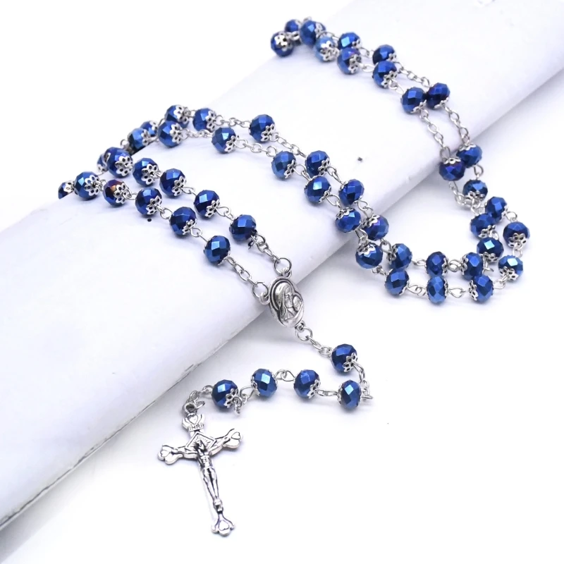 Divat kerek üveg kristály gyöngyök Katolikus rózsafüzér nyaklánc medál Vallási feszület Keresztény nők ajándéka G5AB