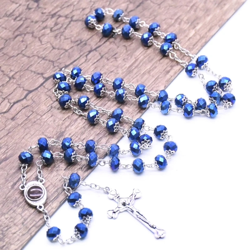 Divat kerek üveg kristály gyöngyök Katolikus rózsafüzér nyaklánc medál Vallási feszület Keresztény nők ajándéka G5AB