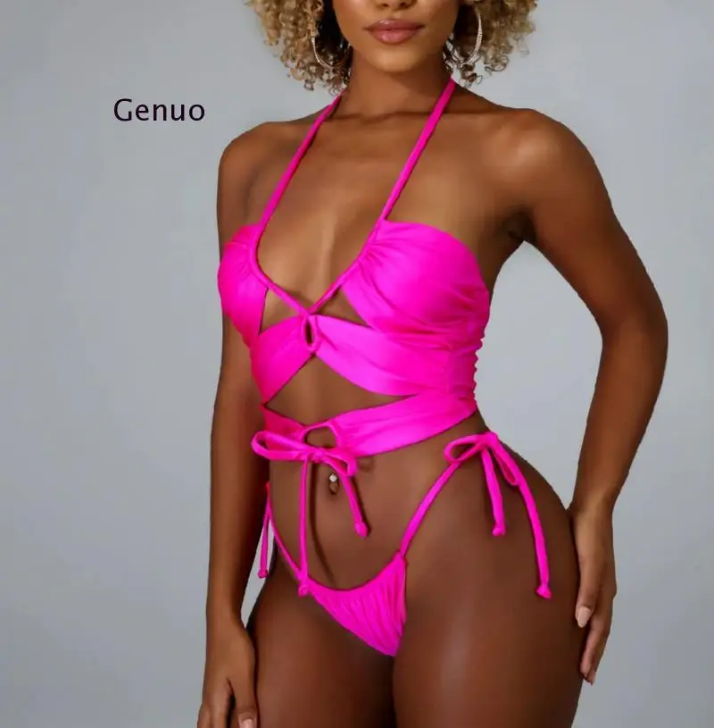 Divattervező Beachwear Egyszínű bikini kötés állítható fürdőruha nők 2021 Nyári fürdőruha Szexi Bikini szett fürdőruhák