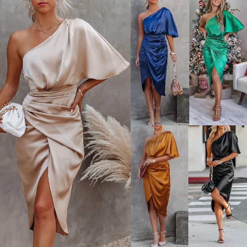 Elegáns szabálytalan szatén ruhák nőknek Szexi ferde gallér a vállról Egyszínű redők Party ruha Divat báli klub Vestido
