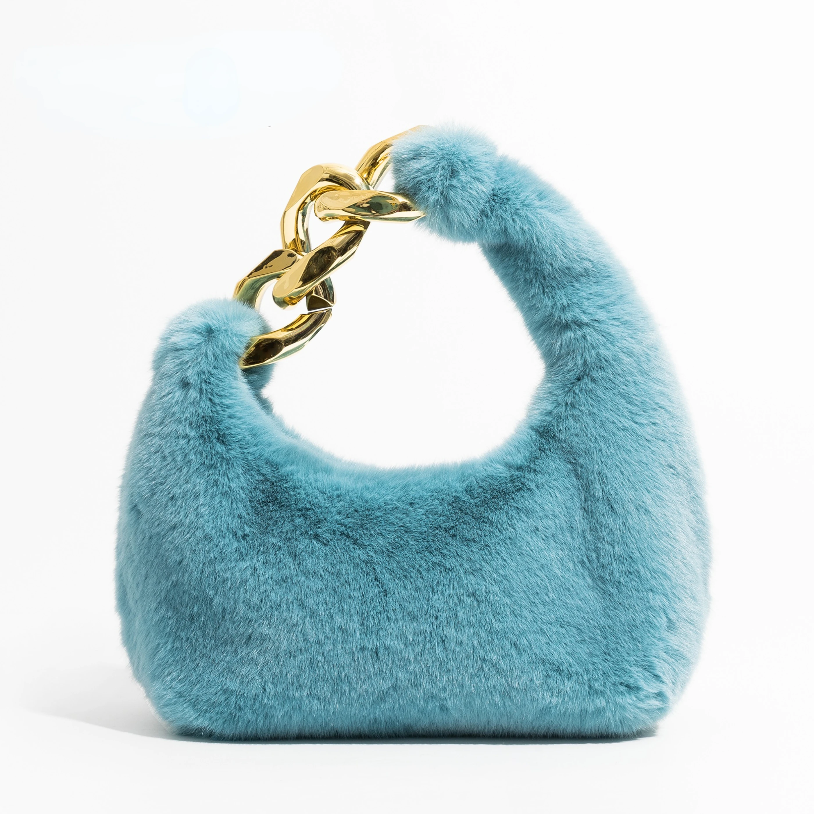 Faux Fur Top Handle táskák Pénztárca fém lánc félhold design női kuplung estélyi táska téli kis telefon kézitáskák nőknek сумка