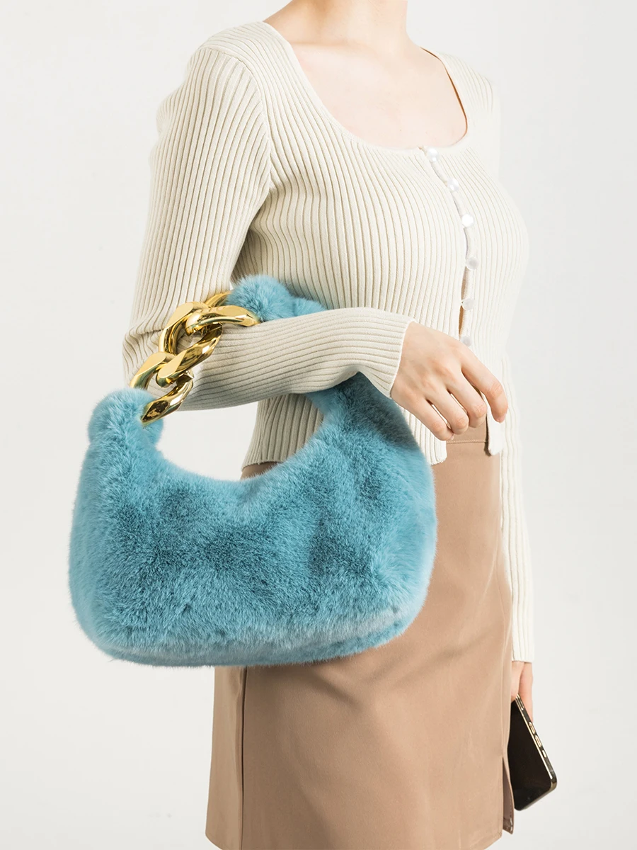 Faux Fur Top Handle táskák Pénztárca fém lánc félhold design női kuplung estélyi táska téli kis telefon kézitáskák nőknek сумка