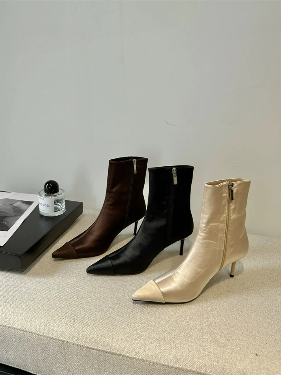 Fehér bokacsizma márka női cipő kerek lábujjú téli lábbeli csizma-női Low Fashion Med hegyes őszi magas sarkú cipő 2023
