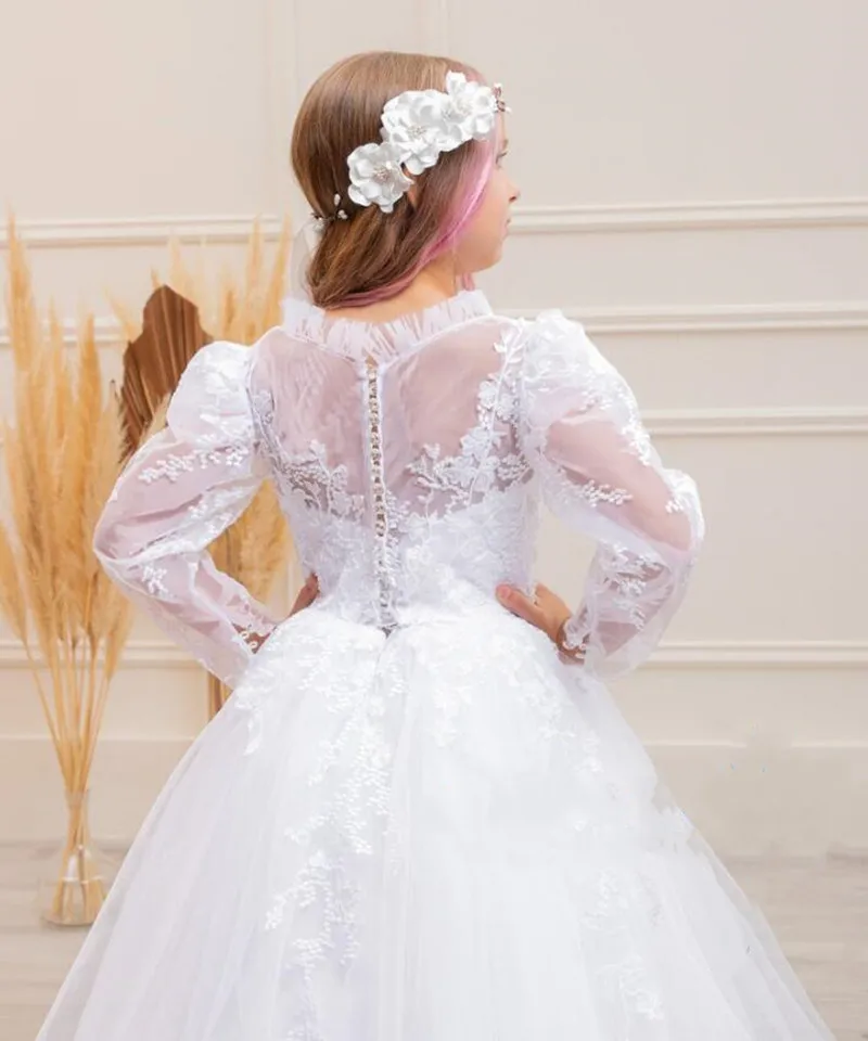 fehér csipke tüll virág lány ruhák esküvőre hosszú ujjú lányok ruhák szépség ruhák elsőáldozási ruha