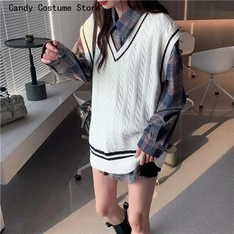 Harajuku All-Match V-Neck Retro Spring Fall Female Teens Lady Chicsweater Vest Ujjatlan kötés Egyszerű főiskolai előkészítő nők
