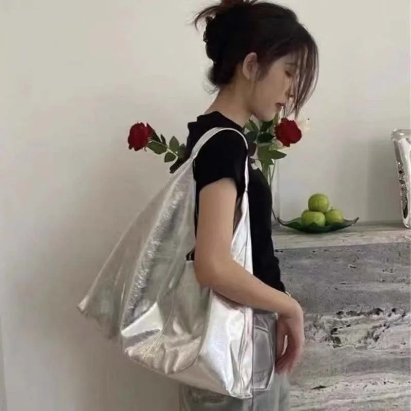 HIGHREAL női nagy ezüst PU bőr válltáska női kézitáskák Új koreai divat hónalj táska női design Tote Ba