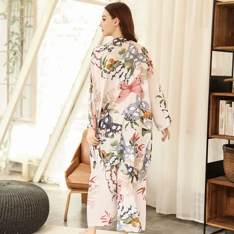 Hot Selling Women háromrészes pizsama set laza kardigán + harisnyatartó + nadrág Komfort hálóruha Femme Fall Homewear puha alkalmi viselet