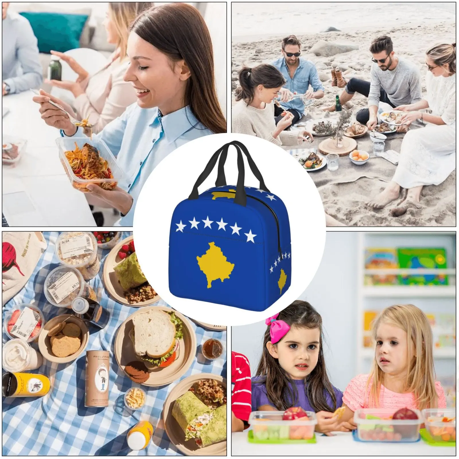 Koszovó zászló Tote uzsonnás táskával Hordozható hűtőszekrény Hőszigetelt doboz irodai munkához Iskolai piknik Beach Camping Férfi Gyerekek Nők