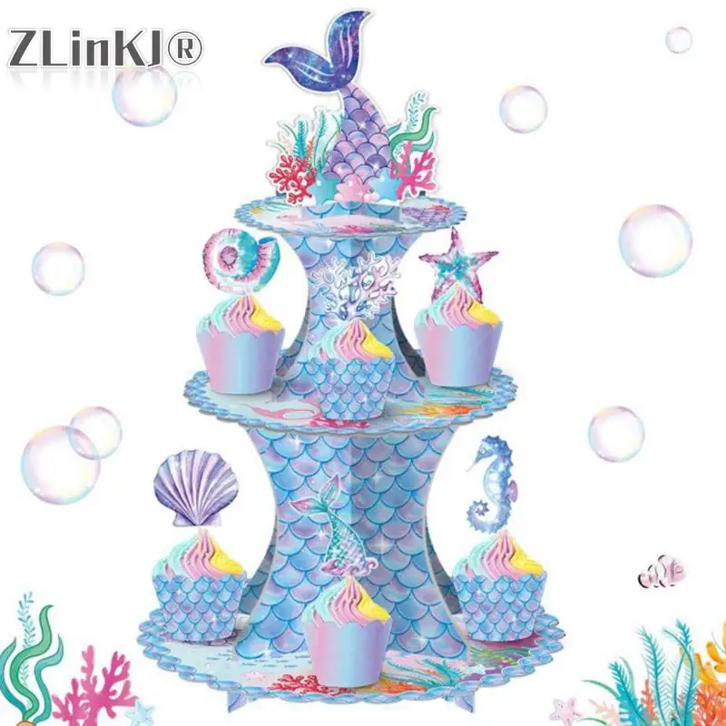 Kék csíkos sellő torta állvány sellő téma parti dekoráció babaváró lánynak 1. születésnapi zsúr kellékek esküvői torta állvány