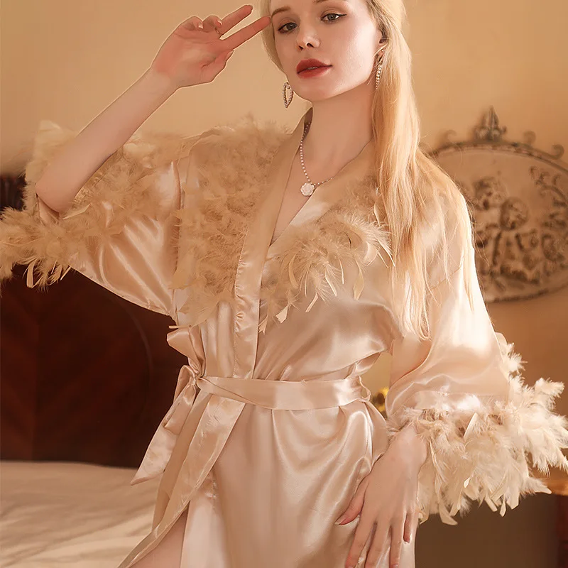 Köntös női toll fürdőköpeny hálóruha Rövid kimonó hálóruha Szatén menyasszonyi ruha övvel Luxus hálóing Loungewear