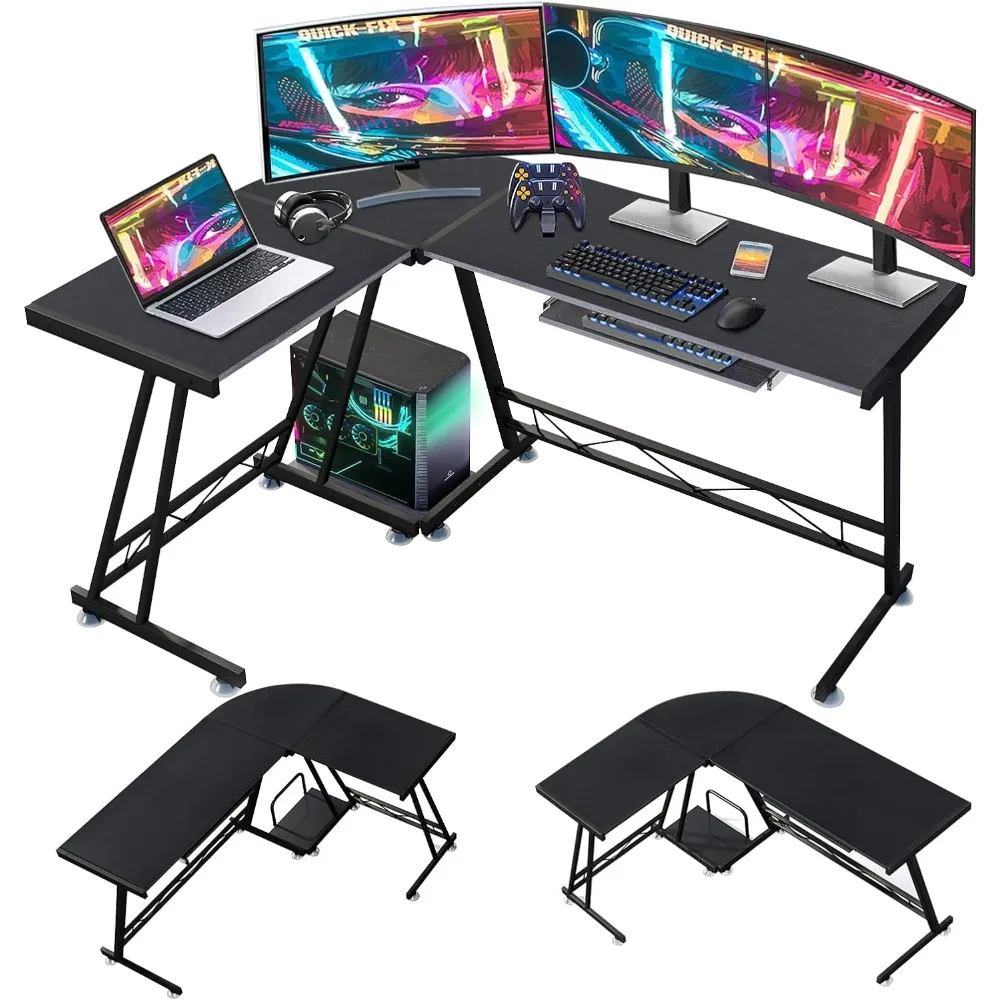 L alakú, modern gamer kihúzható billentyűzettálca sarok CPU állvány Számítógép asztal otthoni irodához Munkaállomás helytakarékos, fekete