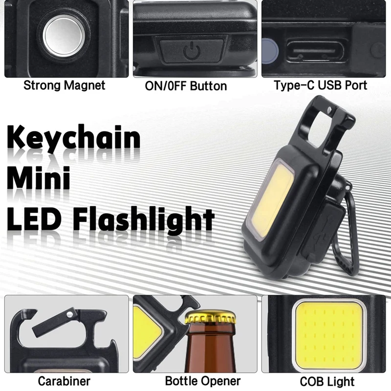 LED kis zseblámpa, 1000Lumens fényes újratölthető COB kulcstartó zseblámpák,4 Világítás módok hordozható zseblámpa