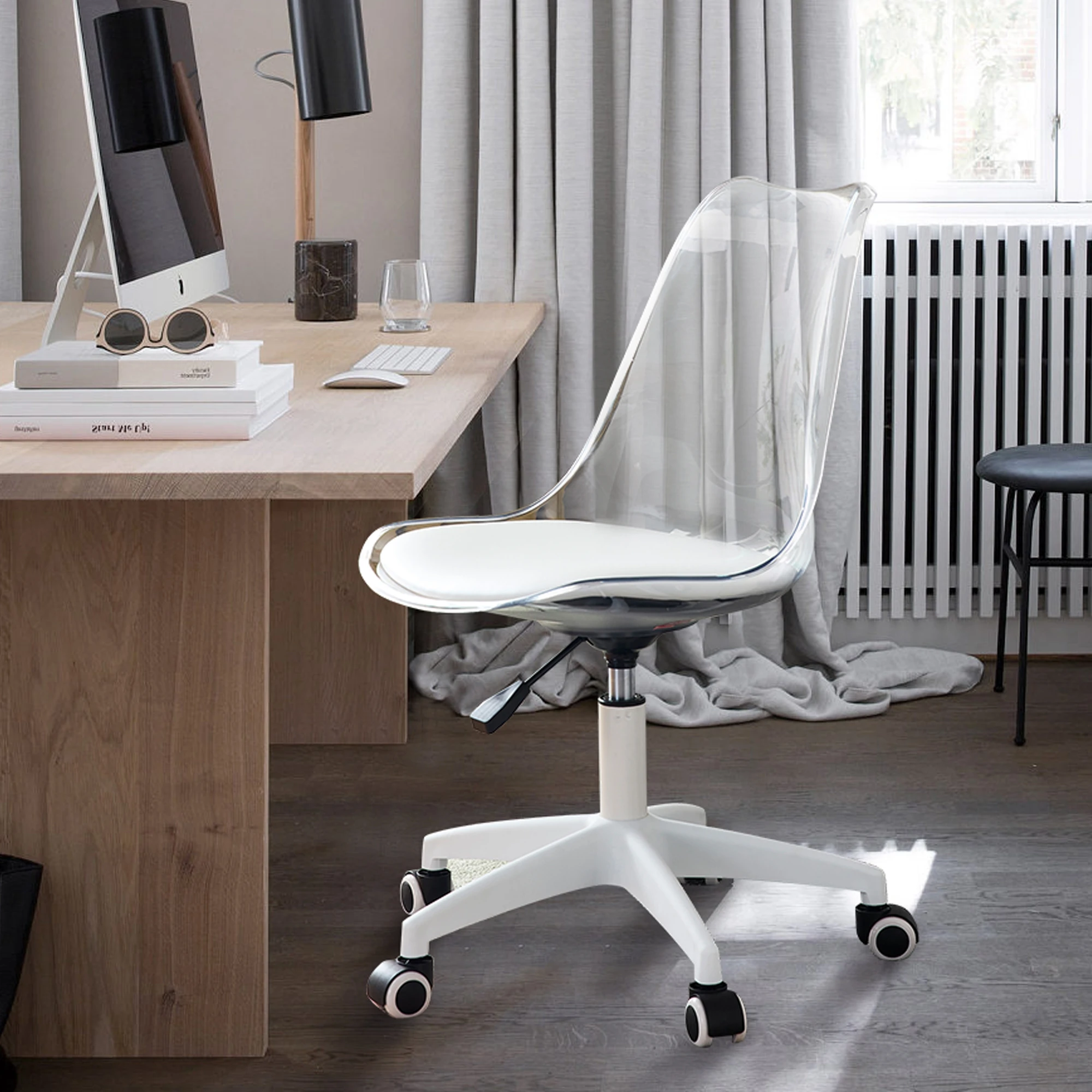 Modern otthoni irodai asztali székek, állítható 360 ° -ban forgatható szék Mérnöki műanyag kar nélküli forgatható számítógépes szék kerekekkel L