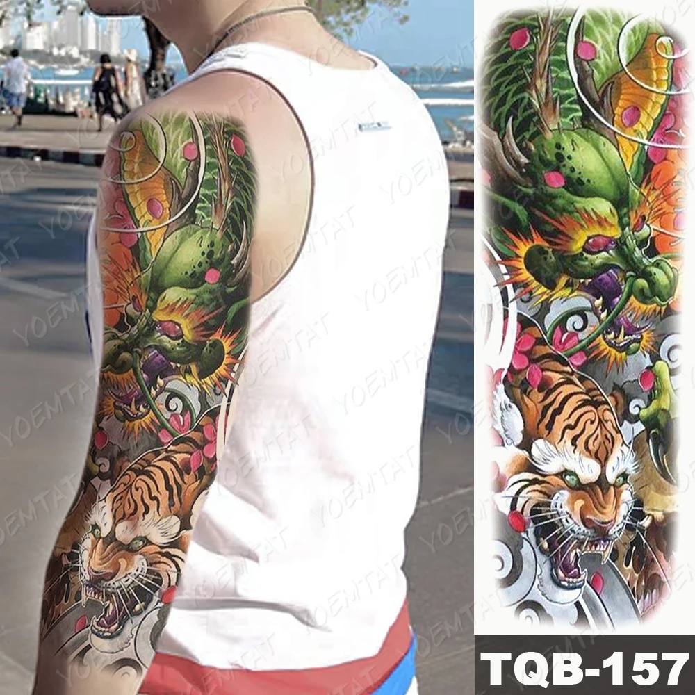 Nagy kar ujj tetoválás Tigris koponya sárkány vízálló ideiglenes tatto matrica Prajna Lion Body Art Teljes hamis Tatoo nők Férfiak