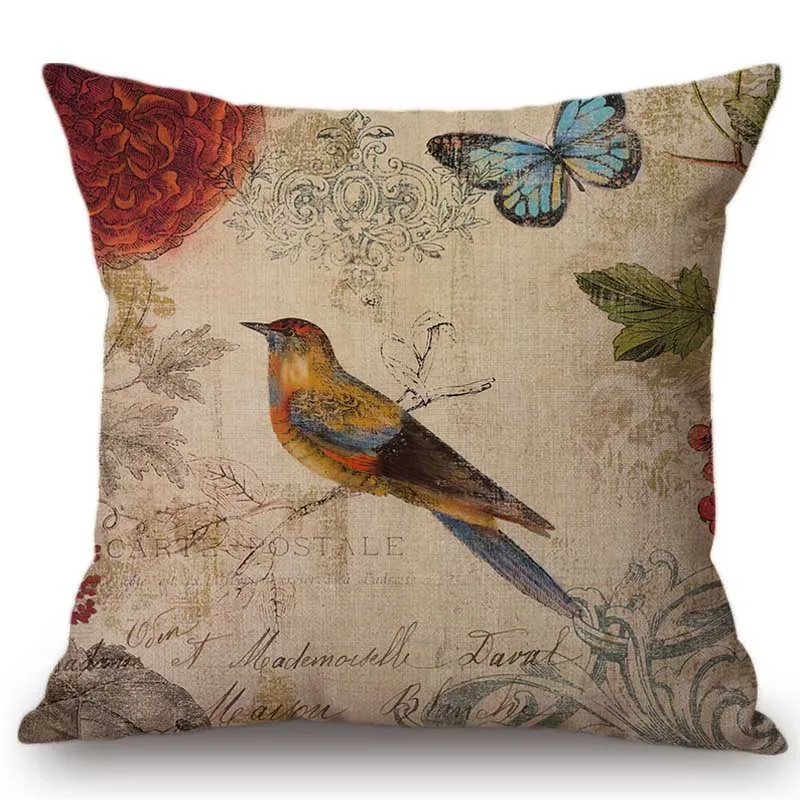 Nordic Vintage Bird virágos posta bélyeg design Lakberendezés dobópárnahuzat kanapéhoz Közepes pamutvászon dekoratív párnahuzat