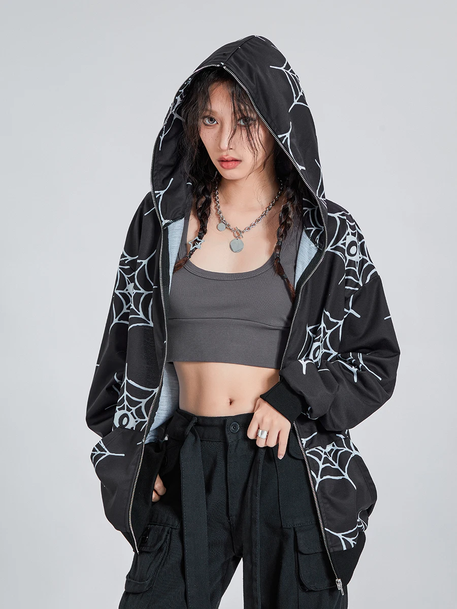 Női Y2K pókháló Teljes cipzáras kapucnis pulóver esztétikus gót grafikus pulóver hosszú ujjú kapucnis kabát utcai ruházat