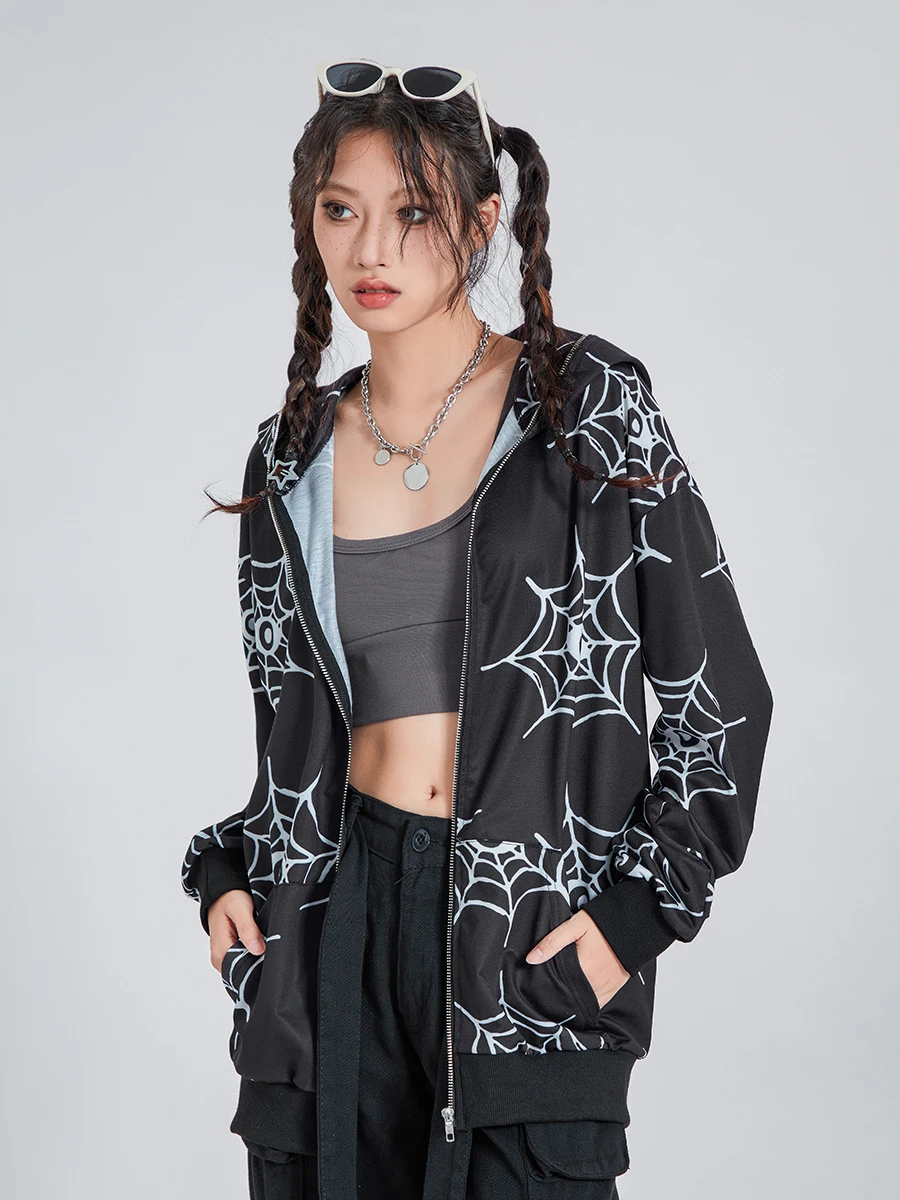 Női Y2K pókháló Teljes cipzáras kapucnis pulóver esztétikus gót grafikus pulóver hosszú ujjú kapucnis kabát utcai ruházat