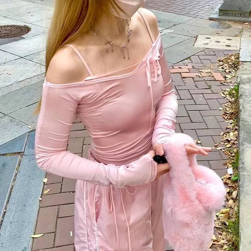 PASSIONNÉ rózsaszín póló női O-nyakú fűzős üreges hosszú ujjú karcsú felsők nőknek Őszi édes stílus 2023 divat Új