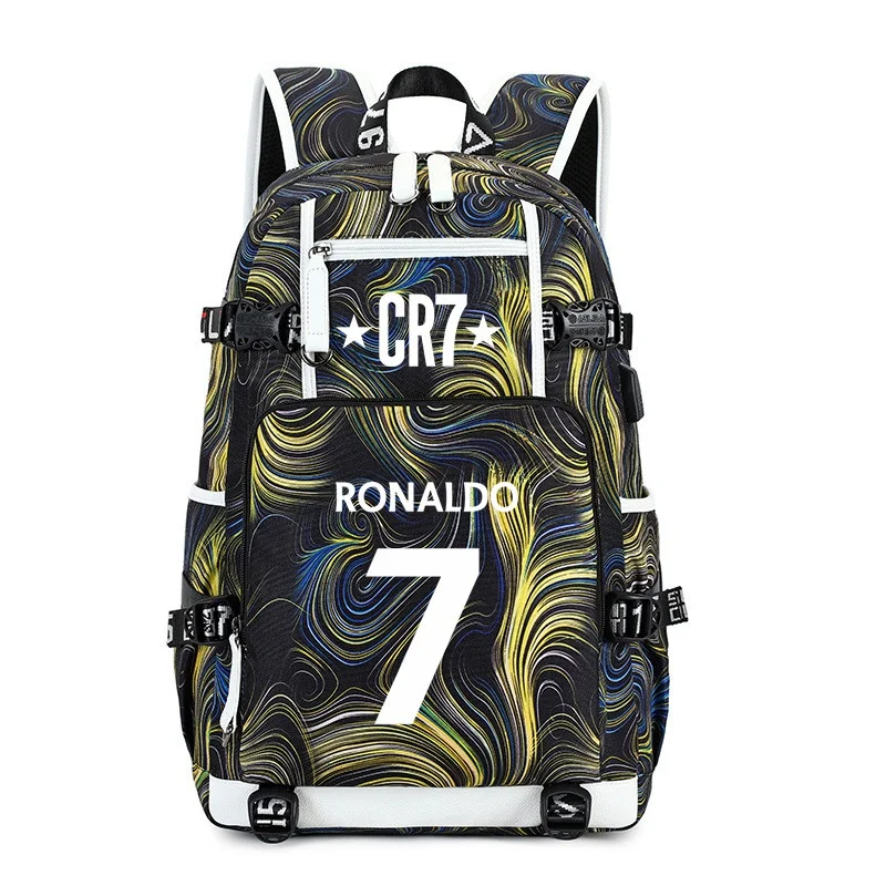 R-Ronaldo szurkolók MAN NO.7 Football Superstar USB töltő hátizsák férfiaknak Női hátizsák diák vízálló iskolatáskákhoz