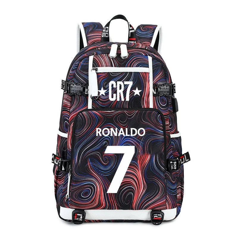 R-Ronaldo szurkolók MAN NO.7 Football Superstar USB töltő hátizsák férfiaknak Női hátizsák diák vízálló iskolatáskákhoz
