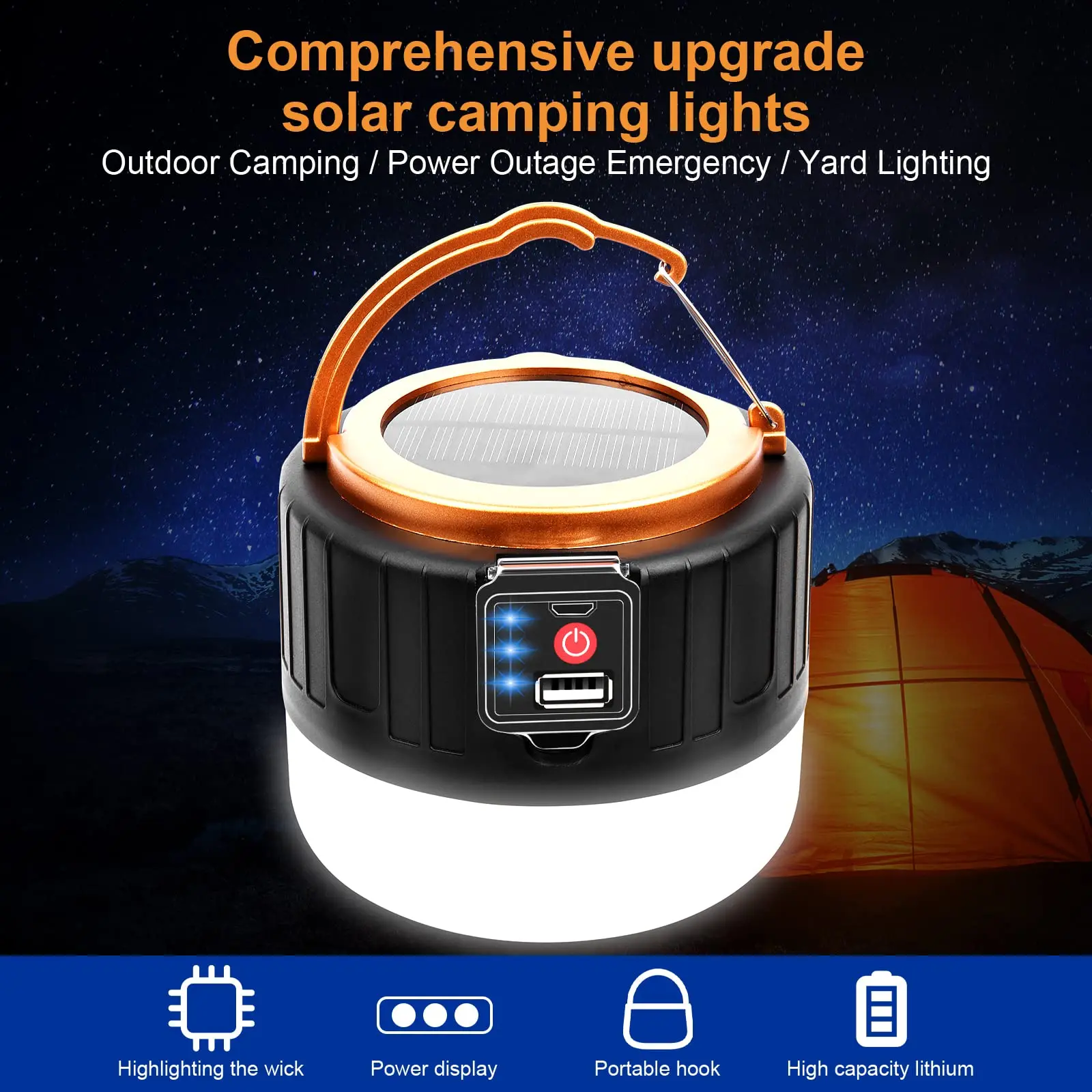 Solar LED kempinglámpák USB újratölthető távirányítóval Vészhelyzeti készlet kültéri túrázáshoz Kempingezés Vészhelyzeti túrázás