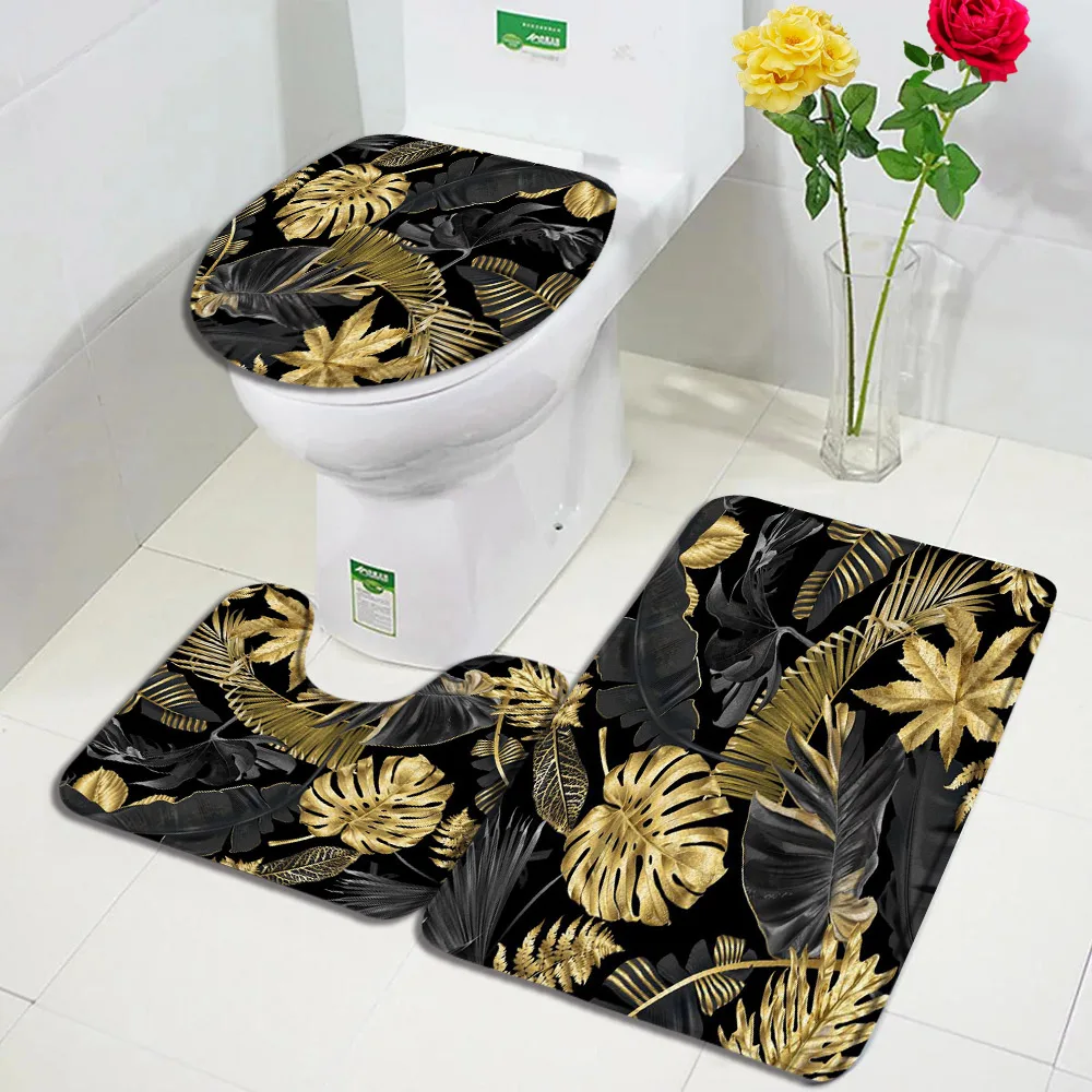 Trópusi növényes fürdőszőnyeg szett arany fekete levelek Monstera pálmalevél modern otthoni szőnyeg fürdőszobai dekoráció csúszásmentes szőnyeg WC-fedél fedél