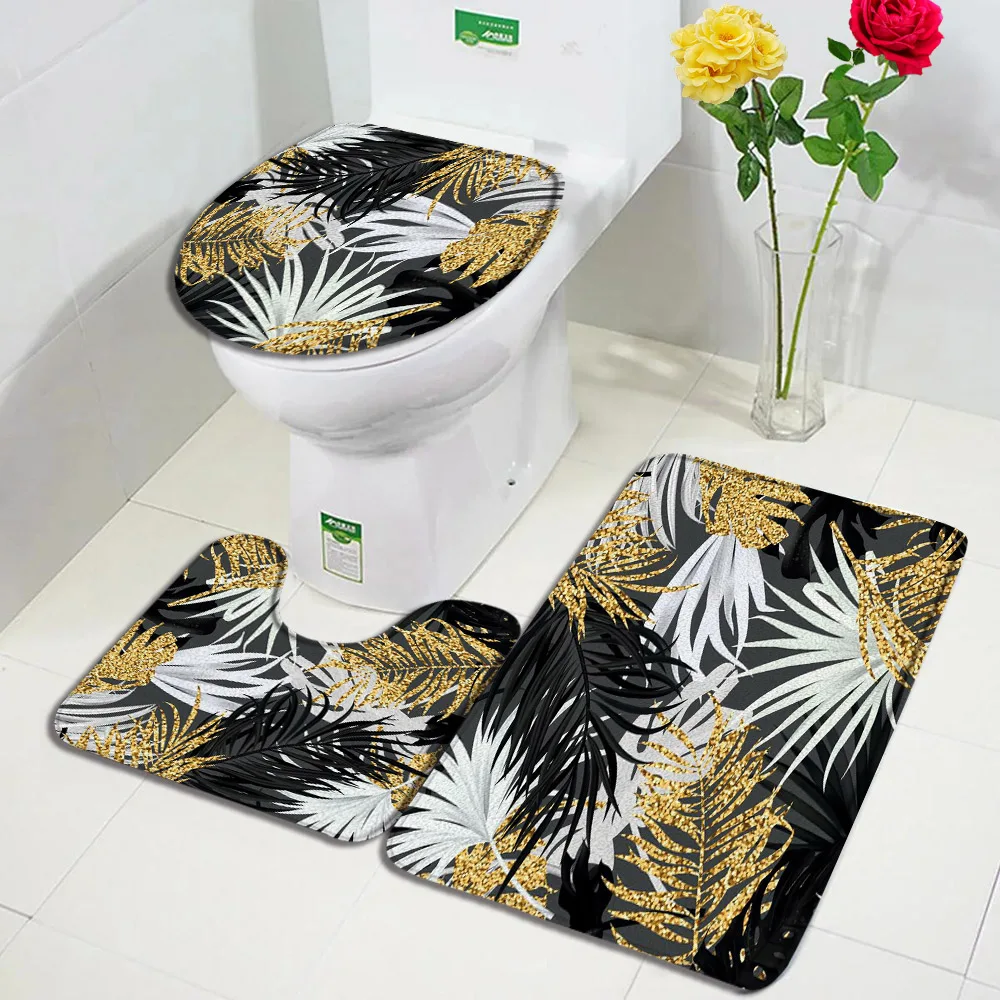 Trópusi növényes fürdőszőnyeg szett arany fekete levelek Monstera pálmalevél modern otthoni szőnyeg fürdőszobai dekoráció csúszásmentes szőnyeg WC-fedél fedél