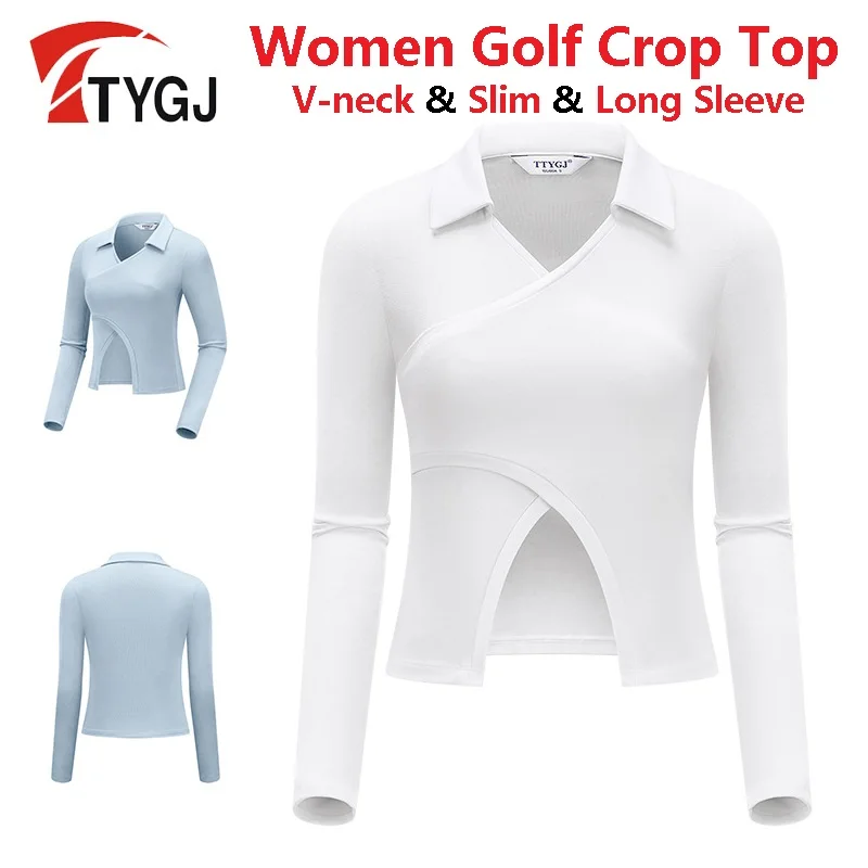 TTYGJ női rugalmas golfpóló női vékony crop felsők női V-nyakú hosszú ujjú ing Koreai stílusú alkalmi golfruházat S-XL