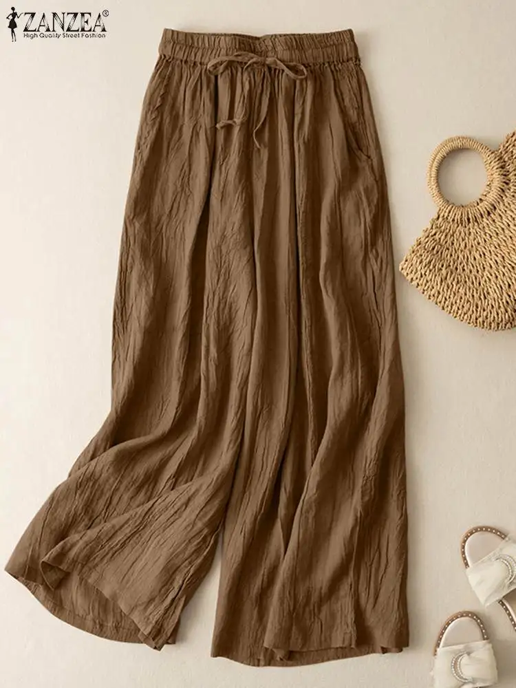 ZANZEA Vintage széles szárú nadrág Női alkalmi bő nadrág Őszi femme divat Fűzős Pantalon tömör rugalmas Palazzo túlméretezett