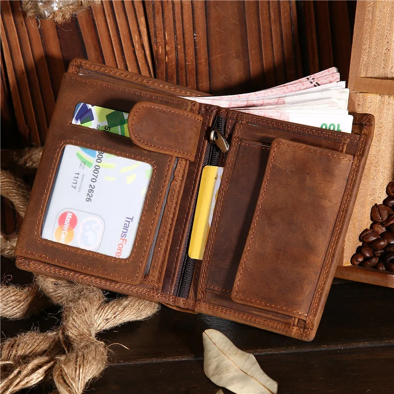Új a Crazy Horse Leather férfi pénztárcákban Férfi marhabőr pénztárca Multi-Card tartó Nagy kapacitású vintage design érme pénztárcák