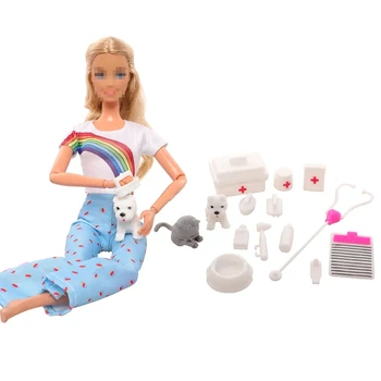 14 darab/tétel Mini orvosi felszerelés készlet Baba kisállat macska Barbie kiegészítőkhöz Kisgyerek játékok Karácsonyi ajándék Babaház dekoráció