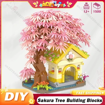 1500DB DIY kívánság Sakura fa építőelemek Mikrorészecske téglák Ház figurákkal Szerelj össze játékokat Születésnapi ajándék gyerekeknek