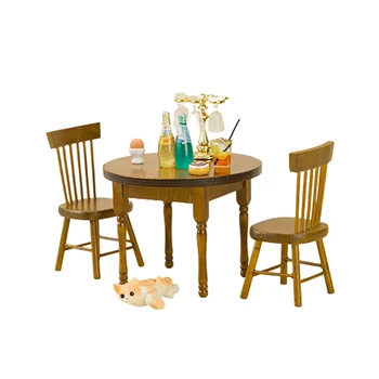 1Set 1/12 Babaház Mininature fa kerekasztal és szék szett Mini étkezőasztal bútor Modell DIY babák Ház Konyha dekoráció