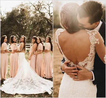 2019 Vidéki sellő esküvői ruhák V nyak hosszú ujjú csipke rátétek menyasszonyi ruhák hát nélküli strand Bohémia Vestido