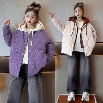 2023 Koreai téli tinédzser lány kapucnis pamutkabát elemis lány hamis kétrészes felsőruházat Junior lány színblokkoló kabát