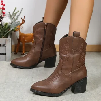 2023 Téli új cowboy rövid csizma női divat Western csizma női hímzett alkalmi szögletes orrcipő Zapatos De Mujer