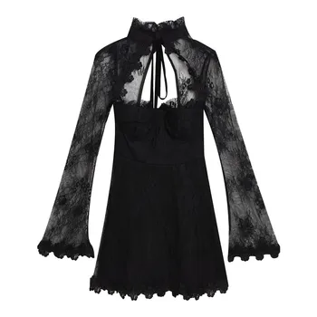 2023 ősz új francia szexi üreges varrás csipke hosszú ujjú ruha karcsú derék a-vonalú ruha fekete