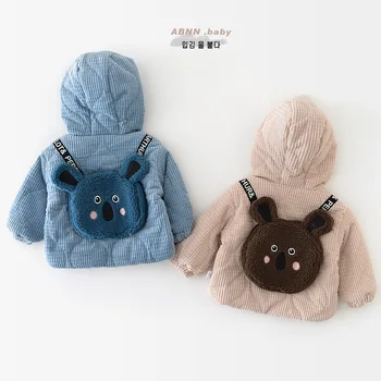 2023 Őszi tél Kisfiú dzseki Pamut kockás rajzfilm medvetáska Vastag csecsemő fiú kabát Bársony meleg kisgyermek fiúk felsőruházat kabát