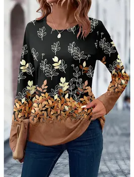 2024 Női póló 3D nyomtatás Virágos levél design Hosszú ujjú Daily Weekend Divat Kerek nyak Regular Fit Tavasz és nyár