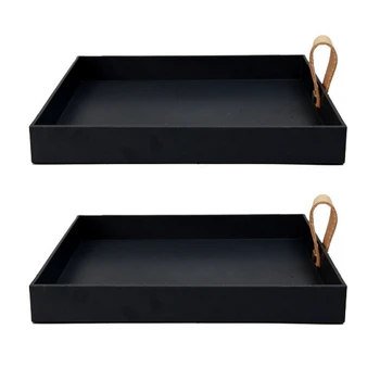 2X Creative Square PU bőr tálalótálca Dekoratív edény kozmetikumok Sundries asztali tárolólap fogantyúval (fekete)